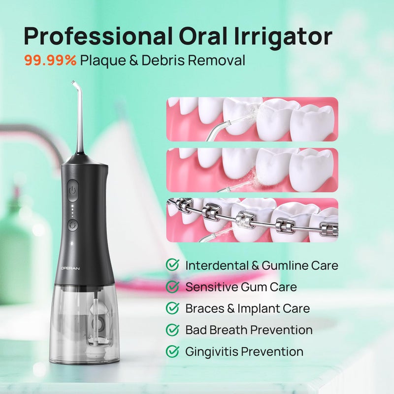 OPERAN Water Flossers for Teeth, Cordless Portable Water Flossers for Adults Braces, IPX7 Waterproof with 4 Modes, 4 Professional Nozzles, 300ml Tank & 21 Days Runtime for Travel, Black, 1Pack - Image 2
