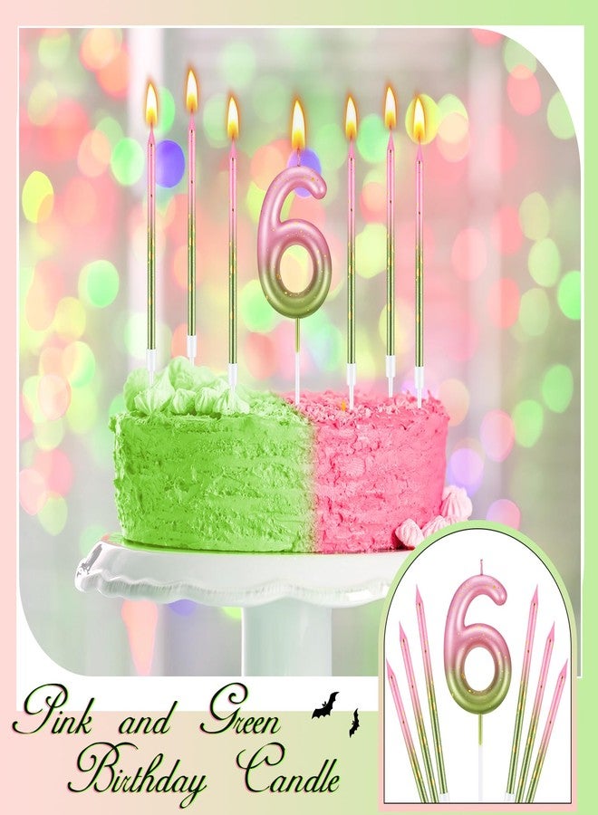 MTLEE Number 6 Pink and Green Birthday Candle with 6 Pcs Spiral Candles 5.12 Inch Pastel Cake Topper for Girls Witch Theme Party Decoration - Image 3