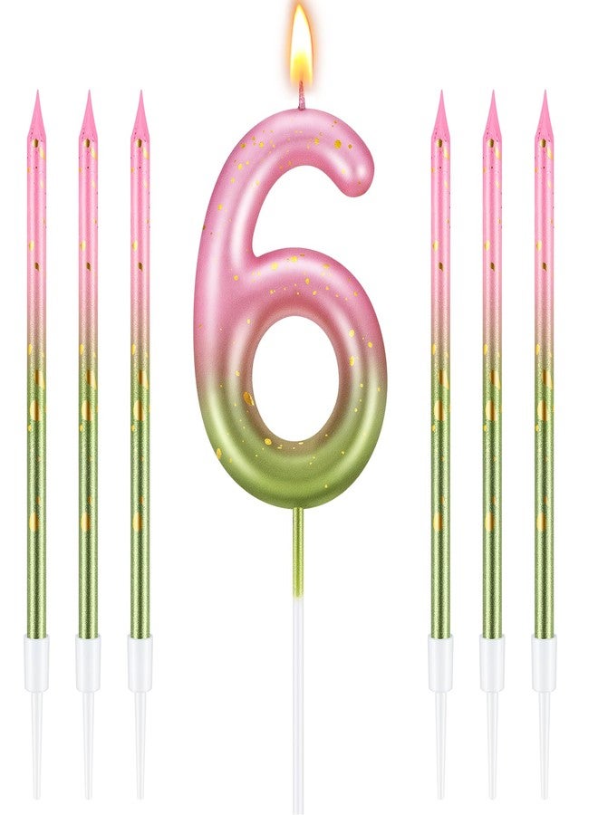 MTLEE Number 6 Pink and Green Birthday Candle with 6 Pcs Spiral Candles 5.12 Inch Pastel Cake Topper for Girls Witch Theme Party Decoration - Image 1