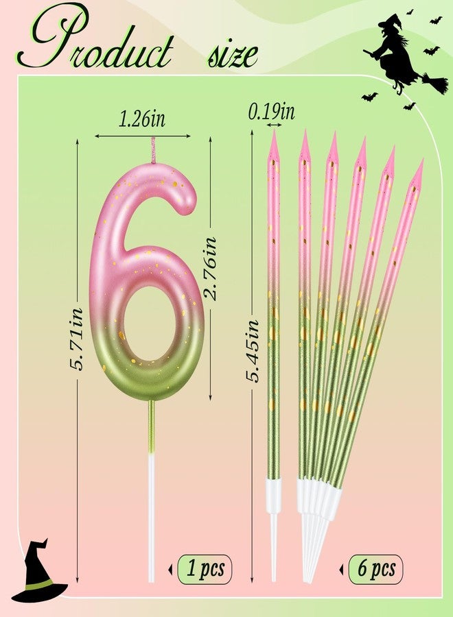 MTLEE Number 6 Pink and Green Birthday Candle with 6 Pcs Spiral Candles 5.12 Inch Pastel Cake Topper for Girls Witch Theme Party Decoration - Image 2