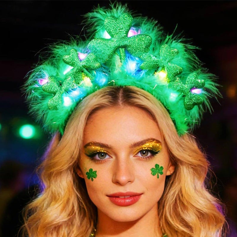 CAKURE St Patricks Day Headband Light Up Shamrock Hair Band Green Headpiece Irish Day Hair Accessories for Women - Image 2