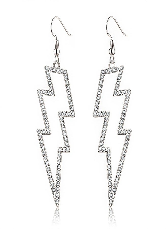 CEALXHENY Lightning Bolt Earrings, 80s Earrings for Women, Glitter Rhinestone Lightning Bolt Dangle Earrings for 80's Outfit Party Accessories Halloween Gifts (Silver) - Image 1