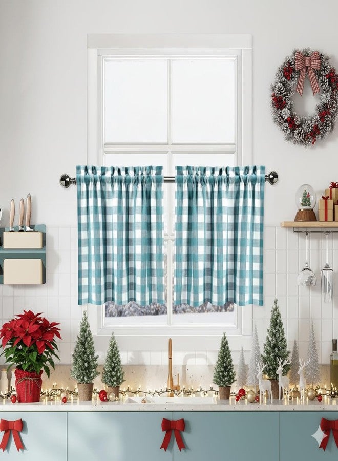 Bapawfish Teal Dark Blue Buffalo Plaid Cafe Curtain Farmhouse Tiers Kitchen Curtains 24 Inches Long, Gingham Check Rod Pocket Half Window Short Drapes for Kitchens Bathroom, 28" x 24", Teal/White, Set of 2 - Image 1