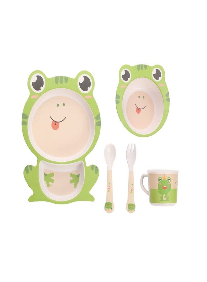 Fekdod Kids Dinnerware Set Bamboo 5 Pcs with Plate Bowl Cup Fork Spoon (Frog) - Image 1