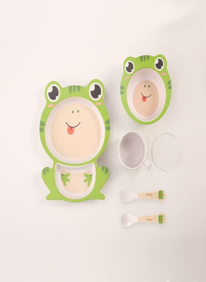 Fekdod Kids Dinnerware Set Bamboo 5 Pcs with Plate Bowl Cup Fork Spoon (Frog) - Image 2