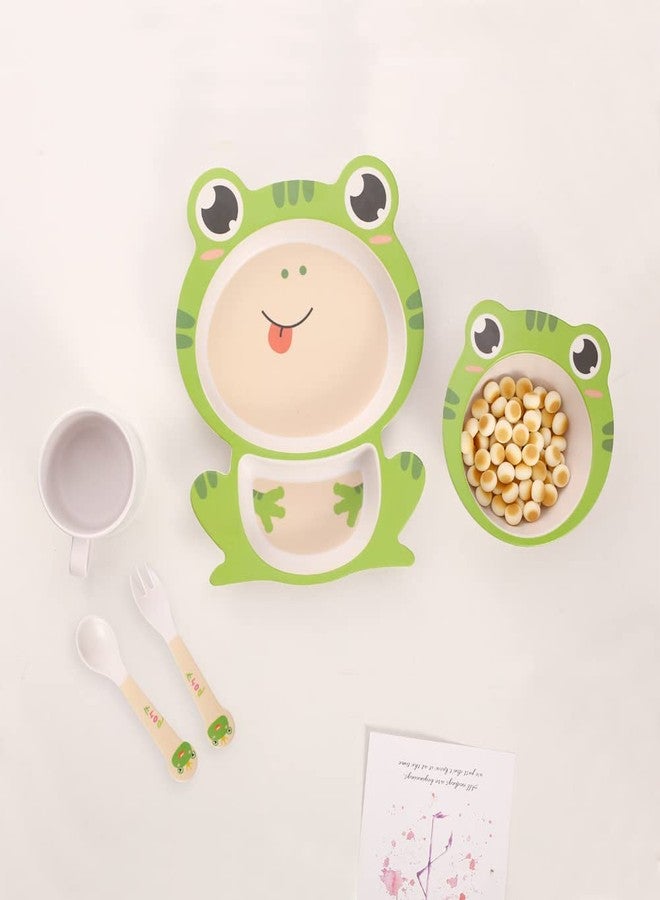Fekdod Kids Dinnerware Set Bamboo 5 Pcs with Plate Bowl Cup Fork Spoon (Frog) - Image 3