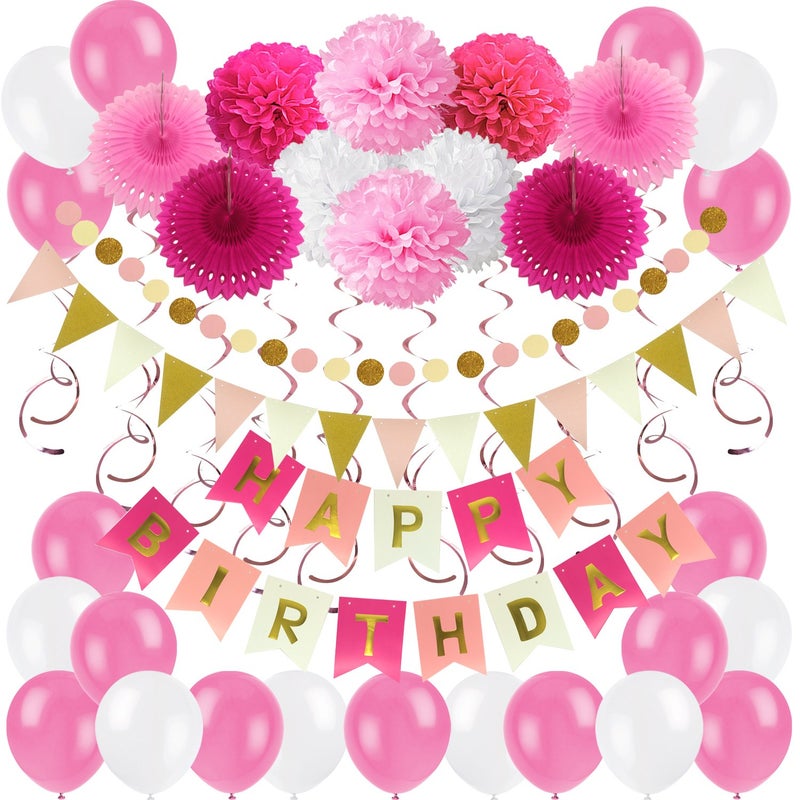 ZERODECO ZERODECO Birthday Decoration Set  Happy Birthday Banner Paper Fans Tissue Pom Poms Hanging Swirls and Balloons in Pink White and Red 