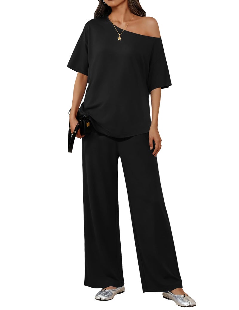 Ekouaer Lounge Sets for Women Off Shoulder Short Sleeve Tops and Long Pants 2 Piece Set Summer Soft Matching Outfit Black XL - Image 1