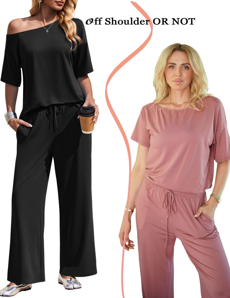 Ekouaer Lounge Sets for Women Off Shoulder Short Sleeve Tops and Long Pants 2 Piece Set Summer Soft Matching Outfit Black XL - Image 2