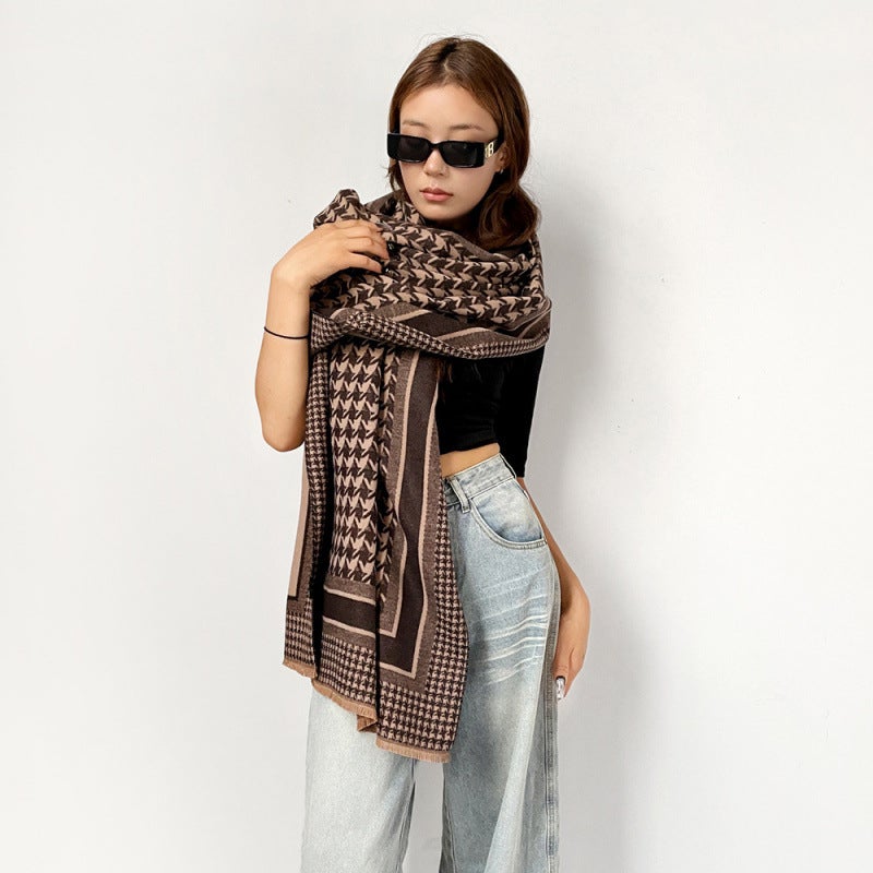 Houndstooth Pattern Versatile Scarf for Autumn and Winter, Women''s Faux Cashmere Double-Sided 180cm Long Oversized Shawl - Image 1