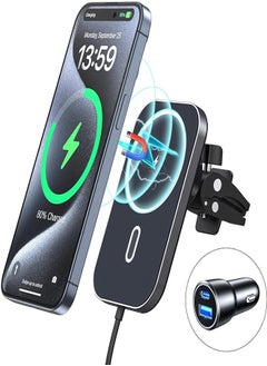 MagSafe Car Charger with Adapter, Magnetic Wireless Charger for Car Vents [2024 Upgrade Magnet] 360° Rotation iPhone Car Charger is compatible with iPhone 15/14/13/12 series and MagSafe cases