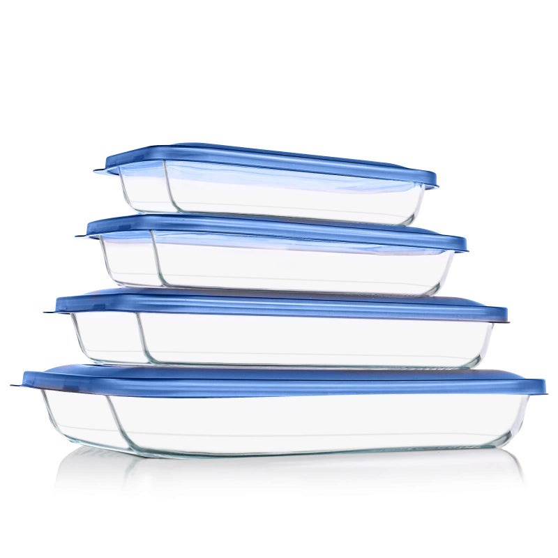KOMUEE 8 Pieces Glass Baking Dish with Lids Rectangular Glass Baking Pan Bakeware Set with BPA Free Lids Baking Pans for Lasagna Leftovers Cooking Kitchen FridgetoOvenBlue