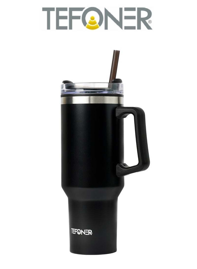 تيفونر مق كوب حراري يحفظ الحرارة والبرودة. كوب قهوة حافظة للحرارة بسعة 40oz (1.2 لتر). كوب حافظ للحراره سهل الحمل عبر مقبض قوي. مج حراري مع قشة قوية. مق أسود - Image 1