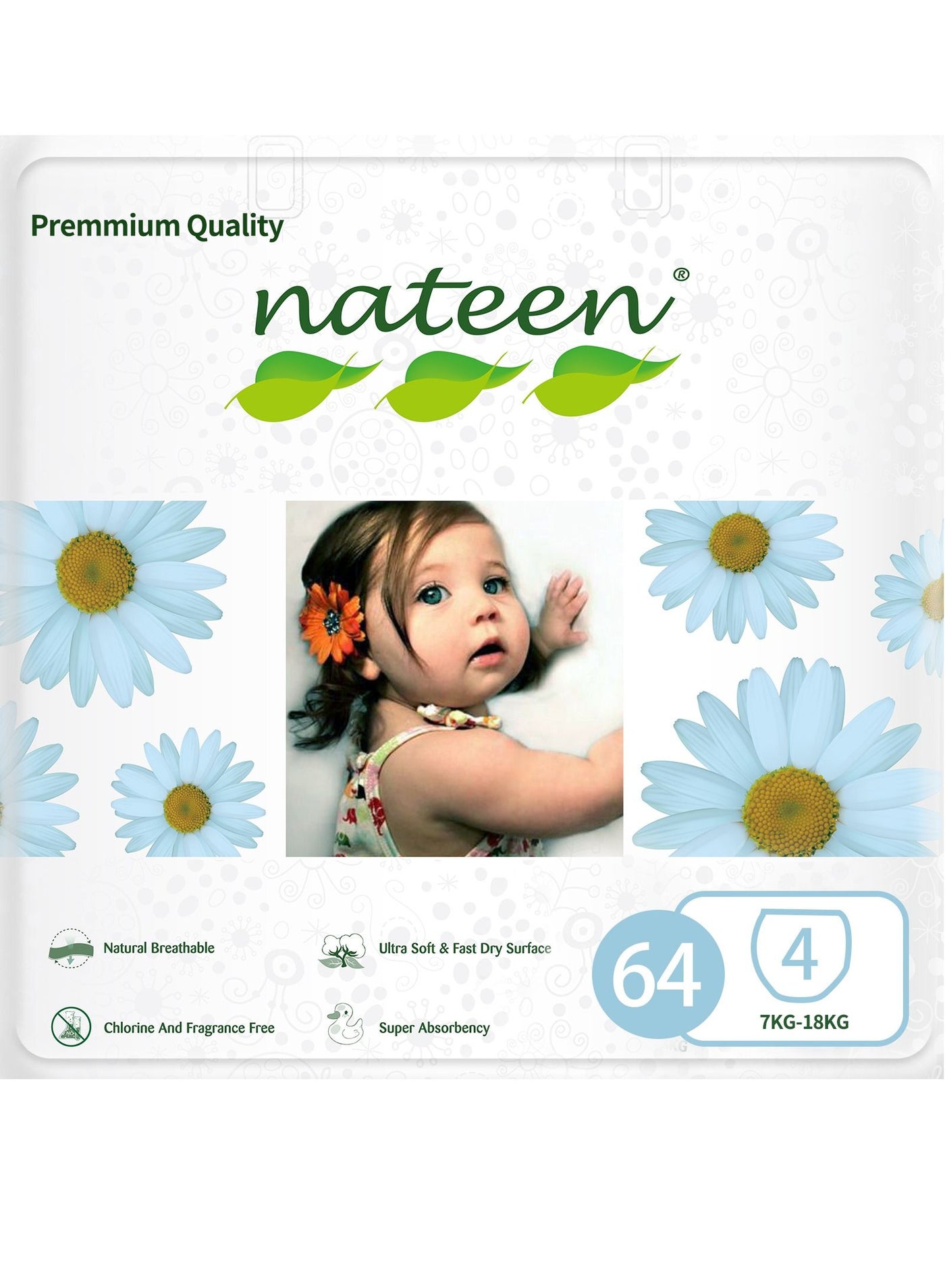 nateen Premium Care Baby Diapers,Size 4 (7-18kg),64 Count Diapers,Large,Super Absorbent,Breathable Baby Diapers.