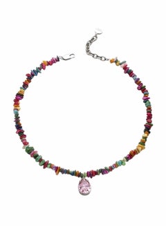 KAAF CREATIONS Multicolored Stone Beaded Necklace with Pink Crystal Pendant, 44 cm + 5 cm Extension  - Image 1