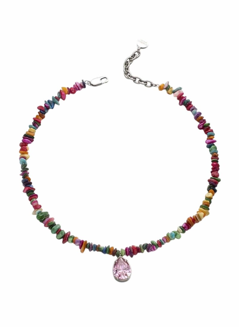 كاف كريشنس عقد من الخرز الحجري متعدد الألوان مع قلادة كريستال وردي، 44 سم + 5 سم - Image 1