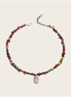 KAAF CREATIONS Multicolored Stone Beaded Necklace with Pink Crystal Pendant, 44 cm + 5 cm Extension  - Image 2