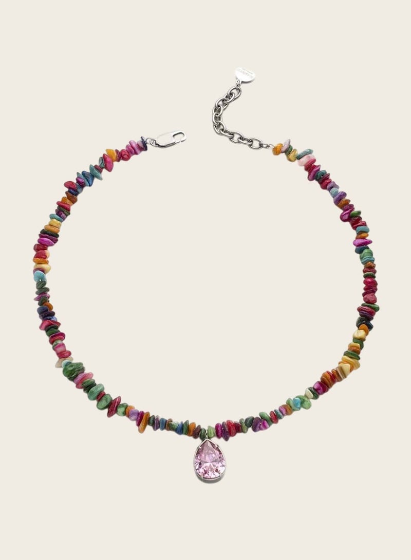كاف كريشنس عقد من الخرز الحجري متعدد الألوان مع قلادة كريستال وردي، 44 سم + 5 سم - Image 2