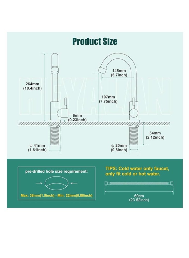 صنبور مطبخ من النيكل المصقول بالماء البارد فقط بفتحة واحدة ومقبض واحد وصنبور دوار 360 درجة وتركيب على السطح وقوس عالٍ من الفولاذ المقاوم للصدأ SUS304 وصنبور حوض برقبة أوزة مع خرطوم (الصرف غير متضمن) - Image 3