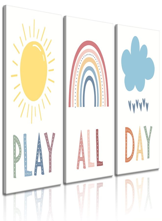 NMT 3Pcs Boho Nursery Canvas Wall Art Play All Day Kids Room Wall Decor Pictures Rainbow Sun Cloud Posters Prints for Boy Girl Bedroom Playroom Classroom Decoration, 12x16in - Image 1