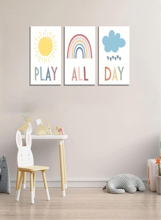 NMT 3Pcs Boho Nursery Canvas Wall Art Play All Day Kids Room Wall Decor Pictures Rainbow Sun Cloud Posters Prints for Boy Girl Bedroom Playroom Classroom Decoration, 12x16in - Image 2