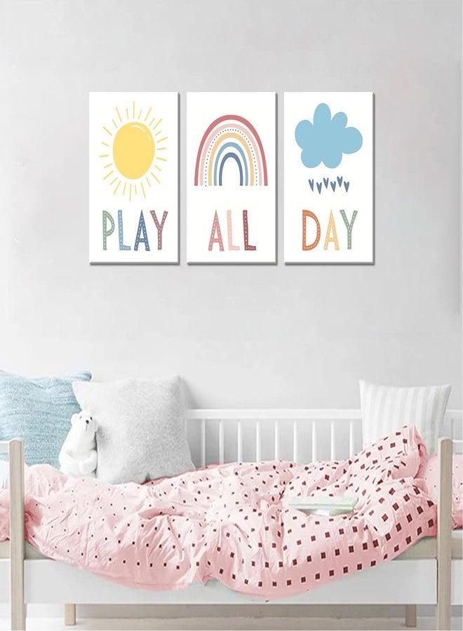 NMT 3Pcs Boho Nursery Canvas Wall Art Play All Day Kids Room Wall Decor Pictures Rainbow Sun Cloud Posters Prints for Boy Girl Bedroom Playroom Classroom Decoration, 12x16in - Image 5