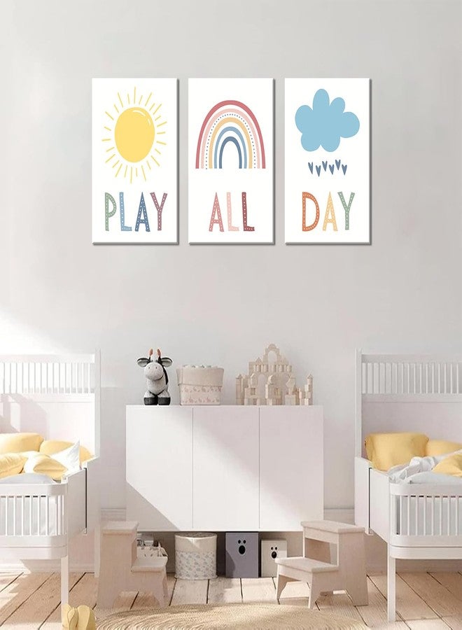 NMT 3Pcs Boho Nursery Canvas Wall Art Play All Day Kids Room Wall Decor Pictures Rainbow Sun Cloud Posters Prints for Boy Girl Bedroom Playroom Classroom Decoration, 12x16in - Image 3