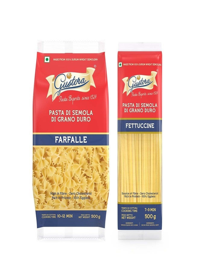 Gustora Healthy Farfalle & Fettuccine Pasta Combo Made Of Durum Wheat Semolina I Rich In Protein & Fibre I Zero Cholesterol I Vegetarian I No Trans - Fat I Cooking Time 10 Min - (500 Gm X 2) - Image 1