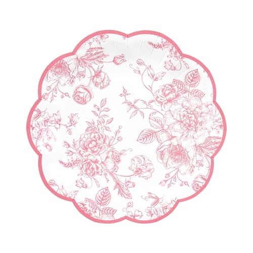 Elyxio Pink Floral Party Plates Vintage Floral Leaf Disposable Paper Plates Wildflower Pink Toile 7" Scalloped Rim Dessert Plates for Valentines Birthday Bridal Tea Party Supplies (24) - Image 1