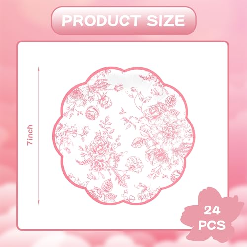 Elyxio Pink Floral Party Plates Vintage Floral Leaf Disposable Paper Plates Wildflower Pink Toile 7" Scalloped Rim Dessert Plates for Valentines Birthday Bridal Tea Party Supplies (24) - Image 2