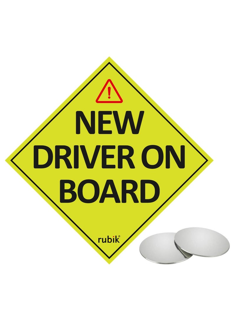 New Driver on Board Vinyl Sticker with Blind Spot Mirror, Reflective New Driver Car Sign Caution for Beginner New Car SUV Van Drivers (Large 15x15cm)