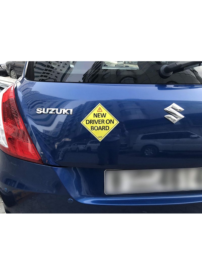 New Driver on Board Vinyl Sticker with Blind Spot Mirror, Reflective New Driver Car Sign Caution for Beginner New Car SUV Van Drivers (Large 15x15cm)