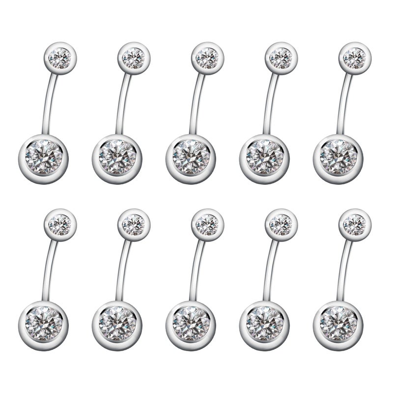 CrazyPiercing 14G 10PCs 316L Surgical Grade Steel Rhinestone Belly Button Navel Ring (Silver)