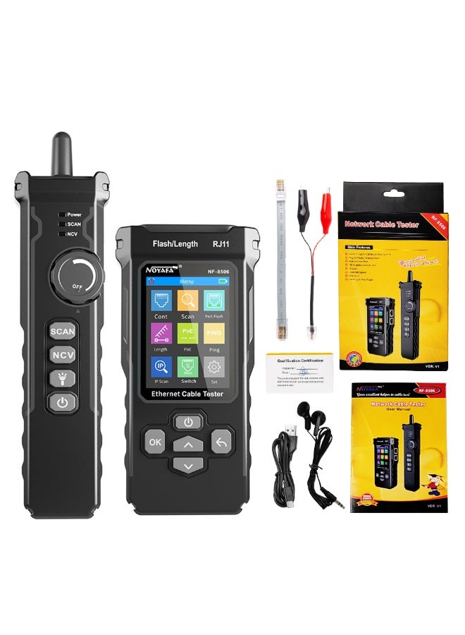 NOYAFA NF-8506 جهاز اختبار كابل الشبكة مع مسح IP، TDR CAT5 CAT6 جهاز اختبار كابل الإيثرنت، اختبار PoE Ping، اختبار معدل الشبكة، وميض المنفذ، جهاز اختبار الشبكة مع تونر كابل RJ11 RJ45 - Image 1