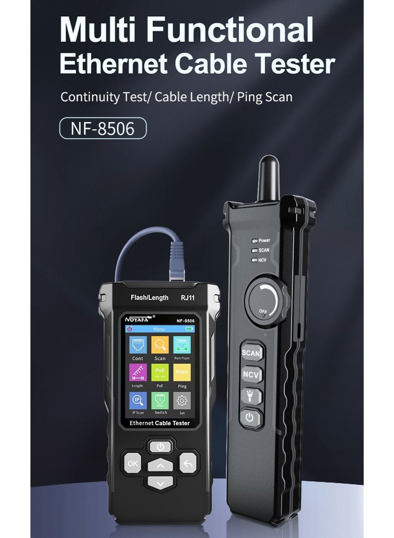 NOYAFA NF-8506 جهاز اختبار كابل الشبكة مع مسح IP، TDR CAT5 CAT6 جهاز اختبار كابل الإيثرنت، اختبار PoE Ping، اختبار معدل الشبكة، وميض المنفذ، جهاز اختبار الشبكة مع تونر كابل RJ11 RJ45 - Image 3