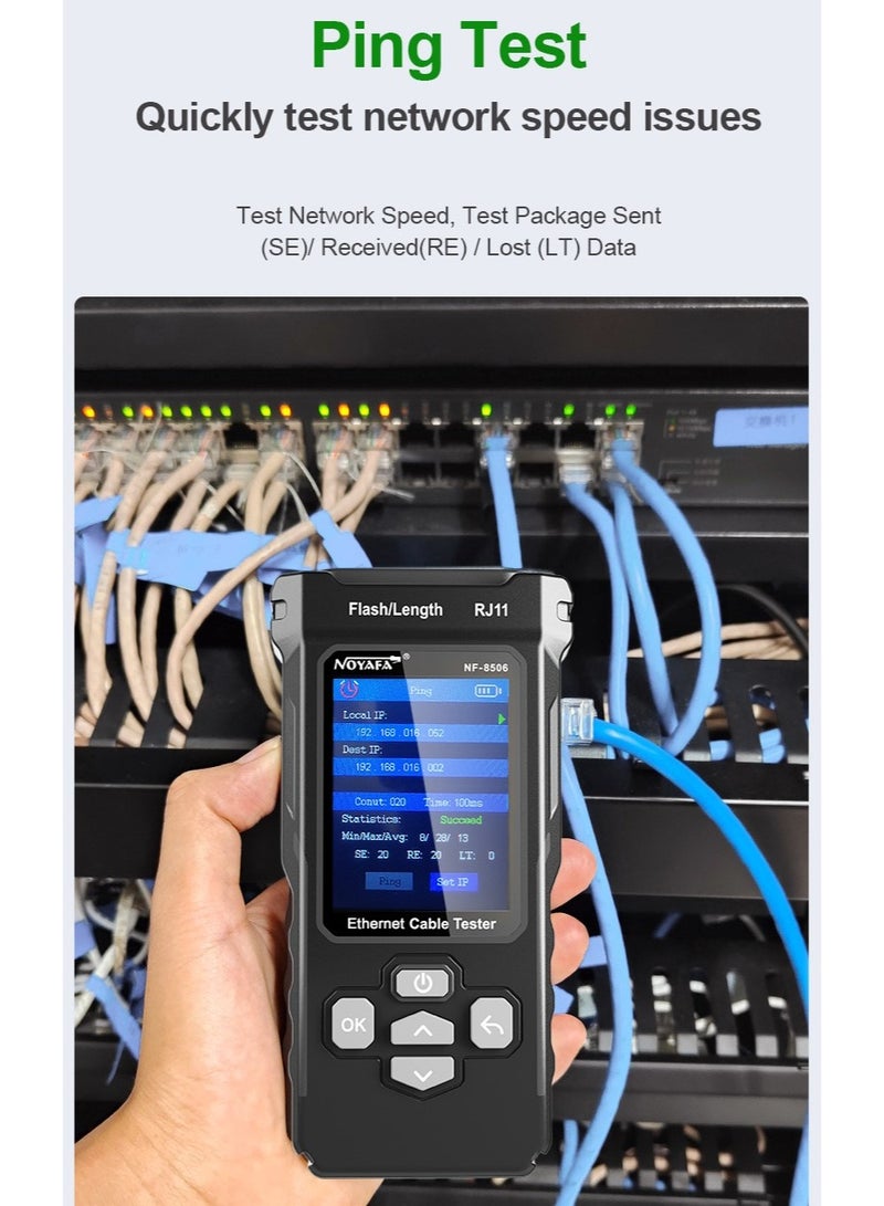 NOYAFA NF-8506 جهاز اختبار كابل الشبكة مع مسح IP، TDR CAT5 CAT6 جهاز اختبار كابل الإيثرنت، اختبار PoE Ping، اختبار معدل الشبكة، وميض المنفذ، جهاز اختبار الشبكة مع تونر كابل RJ11 RJ45 - Image 4