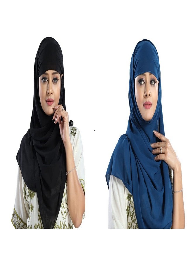 Women's Georgette Designed Stylish Polycotton Feel Good Fabric Jersey Scarf Ladies Wrap Large Hijab -Pack Of 2 (BLACK & PEACOCK BLUE)  - Image 1