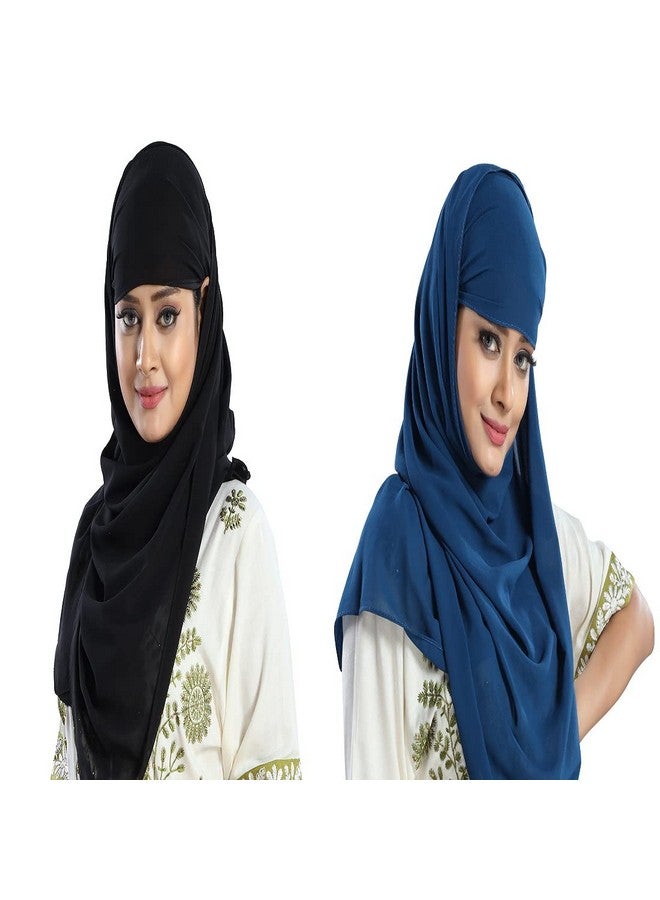 Women's Georgette Designed Stylish Polycotton Feel Good Fabric Jersey Scarf Ladies Wrap Large Hijab -Pack Of 2 (BLACK & PEACOCK BLUE)  - Image 2