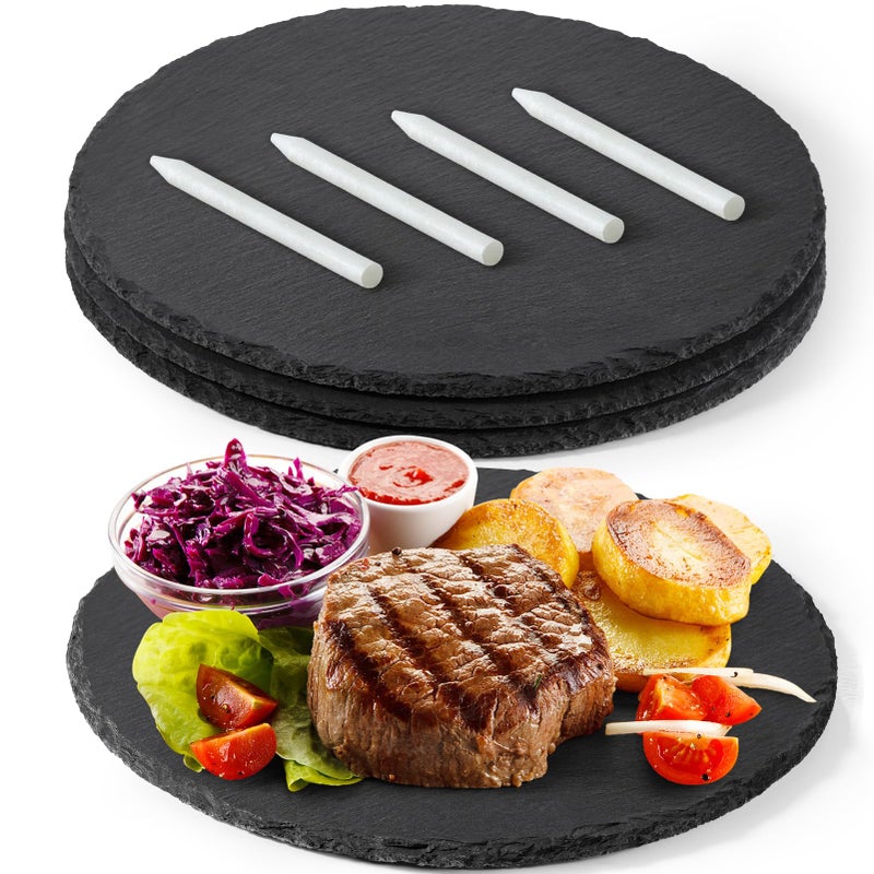 12 Inch Set of 3 Slate Cheese Board GOH DODD Charcuterie Boards Stone Slate Plates Laser Engraving Blanks with Chalk for Meat Fruit Appetizers Sussi Party Wedding Round Black