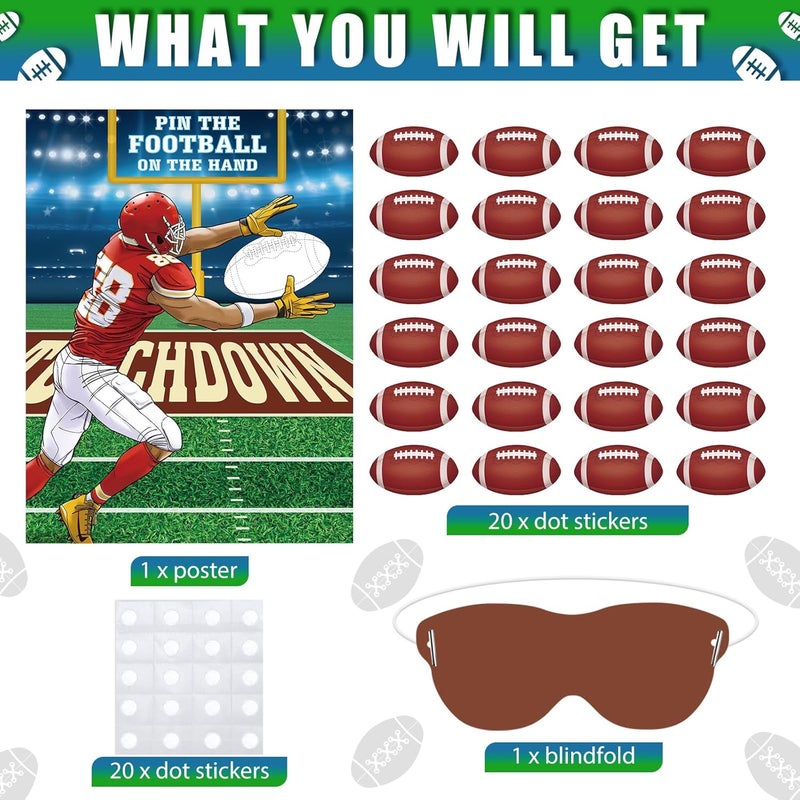 Faccito Pin The Football Game Football Party Games Activity Pin The Football on The Hand Poster with 24 Pcs Football Stickers Blindfold Birthday Party Game for Football Party Decorations Supplies - Image 3