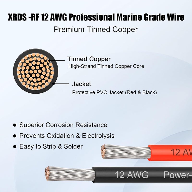 XRDS -RF سلك بحري 12 AWG، 50 قدم أحمر و 50 قدم أسود كابل قارب نحاسي مطلي، سلك كهربائي بحري فائق المرونة 12 قياس لضوء المرساة والستيريو ومضخة المياه العذبة - Image 2
