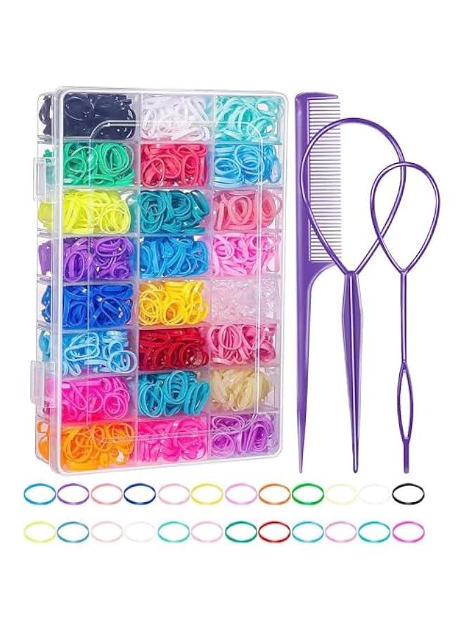 MOXO Elastic Hair Bands 24 Colors 2000 Pcs Mini Hair Rubber Bands with Organizer Box Soft Small Girl Hair Ties Colorful Baby Rubber Bands Set with Hair Tail Tools Rat Tail Comb for Kid - Image 1