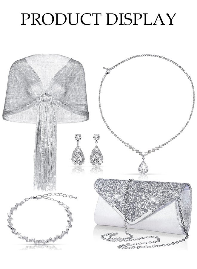DUNISO 5 Piece Clutch Bag Rhinestone Jewelry Set, Sparkling Rhinestone Evening Bag Envelope Wallet Diamond Necklace Earrings Bracelet Silver Silk Shawl for Women Dinner Party Date Wedding, Silver  - Image 5