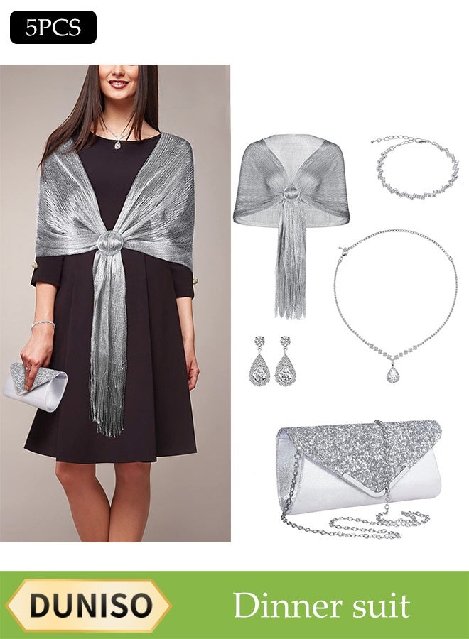 DUNISO 5 Piece Clutch Bag Rhinestone Jewelry Set, Sparkling Rhinestone Evening Bag Envelope Wallet Diamond Necklace Earrings Bracelet Silver Silk Shawl for Women Dinner Party Date Wedding, Silver  - Image 1
