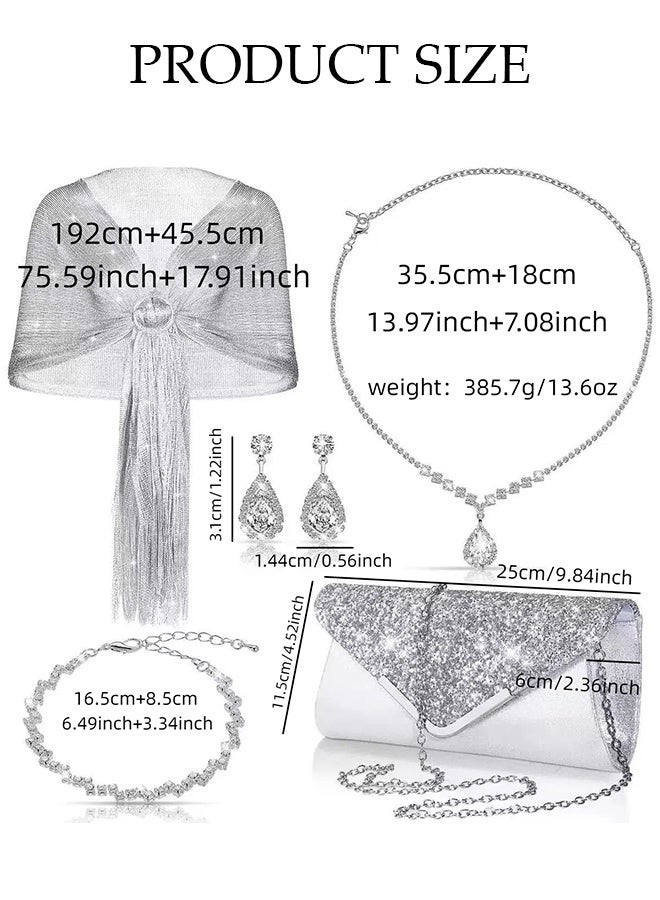 DUNISO 5 Piece Clutch Bag Rhinestone Jewelry Set, Sparkling Rhinestone Evening Bag Envelope Wallet Diamond Necklace Earrings Bracelet Silver Silk Shawl for Women Dinner Party Date Wedding, Silver  - Image 2