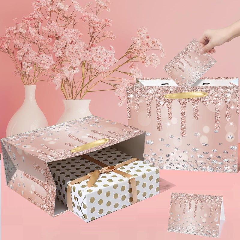 Woosytoo Rose Gold Gift Bags with Tissue Paper and Greeting Card Large Pink Rose Gold Birthday Bag for Girls Women Glitter Gift Wrapping Paper Bag with Handles for Birthday Wedding Bridal Showers Party Gift - Image 2