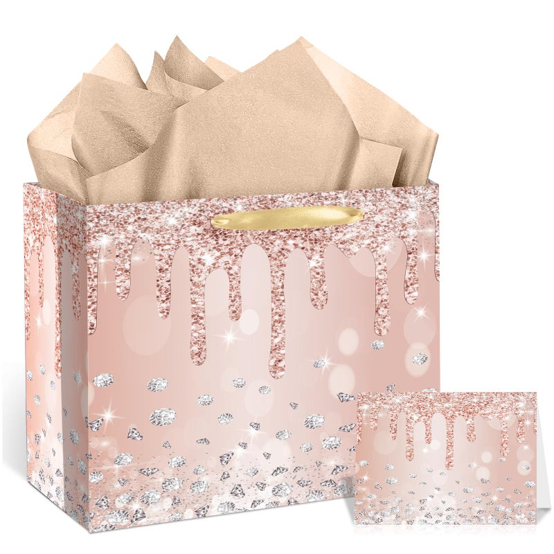 Woosytoo Rose Gold Gift Bags with Tissue Paper and Greeting Card Large Pink Rose Gold Birthday Bag for Girls Women Glitter Gift Wrapping Paper Bag with Handles for Birthday Wedding Bridal Showers Party Gift - Image 1