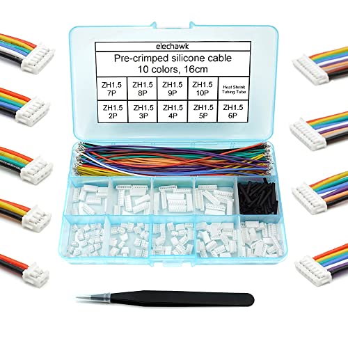 elechawk ZH 1.5MM Connectors and 28AWG Pre-Crimped Silicone Cables kit Compatible with JST ZH 1.5 Connector 2/3/4/5/6/7/8/9/10 Pin Housing Adapter Cable with Length of 160mm (6.3inch) Wire - Image 1
