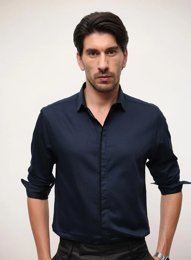 Dennis Lingo Navy Satin Solid Print Button Down Slim Fit Shirt For Men