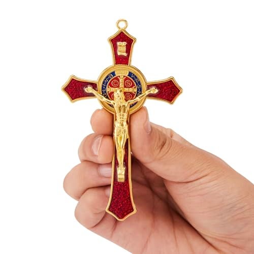 Brilucky St Benedict Crucifix Red,Crucifix Wall Cross For Catholic Decor,Medalla De San Benito,Jesus Christ Hanging Cross Wall Decor,Crucifijo Del Perdon,Saint Benedict Medal Prayer For Home Decoration - Image 1